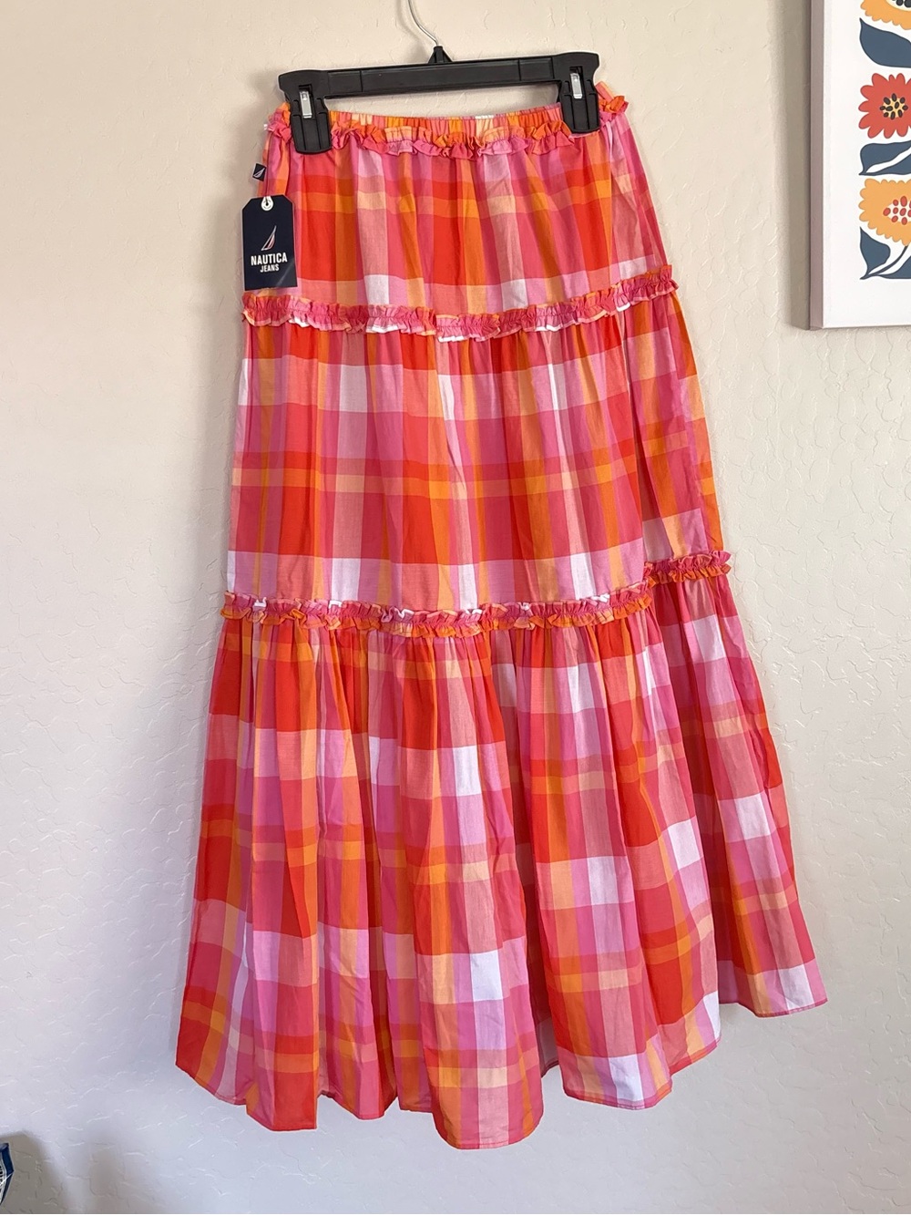 Nautica Women’s Cotton Plaid Ruffle Trim Tiered Maxi Skirt Pink Orange XS NWT - Picture 5 of 7